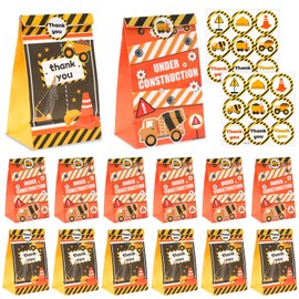 JJUNW 12PCS Construction Party Gift Bags, Digger Truck Construction Theme Gift Candy Bags Boys Birthday Party Supplies wif 18 Stickers, for Kids Birthday Party Packaging Gifts