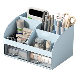 AZNABLE Pen Holder Large Capacity Desktop Storage Accessories Holder Pen Holder Remote Control Holder Desktop 6 Compartments with Drawers (Blue)