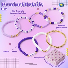Y1tvei Purple Heishi Bead Bracelets - 7Pcs Purple Clay Bead Surfer Bracelet Set Stackable Gold Plated Bead Stretch Bracelet Boho Layering Summer Beach Jewelry Friendship Bracelet for Women