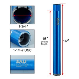 SALI Wet Diamond Core Drill Bits 1-3/4"/44mm Diameter, 15"/380mm Drilling Depth Concrete Core Drill Bit, 1-1/4-7" Thread Core Bit Turbo Laser-Welded Segments with Rebar, Brick, Block, Masonry, Stone
