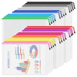 Smarpau A4/Letter Size Zipper Pouch, 24 Pack 12 Colors 13.3" x 9.4" Plastic Zipper Bags for Organizing, Multipurpose Waterproof Mesh Zipper Pouches for Travel, Office, Home Storage