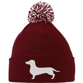 Hippowarehouse Dachshund Logo Embroidered Beanie Hat with Bobble Maroon