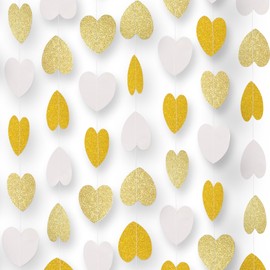 65.6Ft White-Gold Champagne Love-Heart Garland, Love-Heart Party Streamers Banner Hanging Decoration for Christmas Wedding Baby Bridal Shower Birthday Graduation Bachelorette Decor
