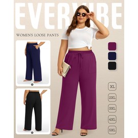 Evervibe 3 Pack Plus Size Pants for Women Wide Leg Casual Pant Drawstring Stretchy Waist Trousers with Pockets(Fuchsia, Navy Blue, Black,4XL)