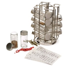 RSVP International Revolving Chrome Rack Set, Includes 16 Spice Jars | 9" x 11.5" | Keeps Salts, Peppers, Cumin, Garlic, Cinnamon, Herbs Fresh | Comes w/Labels, One Size, Multi Color