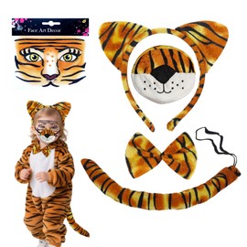 TUONYIS Pack of 5 Tiger Costume for Children, Tiger Ears and Tail Nose Fly Temporary Face Tattoo Stickers, Tiger Costume Outfit Accessories for Carnival Fancy Dress Cosplay Carnival (Tiger)