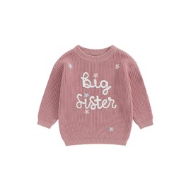 Baby Girl Cute Sweaters Sister Letter Flower Embroidery Long Sleeve Round Neck Knitwear Fall Winter Pullover Tops (A-a-Rose Red, 12-18 Months)