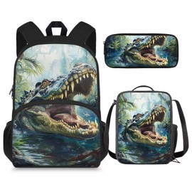 SCRAWLGOD Crocodile Backpack for School Boys 6-7/10-12/5-6/8-9 with Lunch Box Kids Elementary Schoolbag Lunch Bag Pencil Case 15 Inch Book Bag for Girls 2nd Grade Back Pack Lunchbox Pencil Case Set