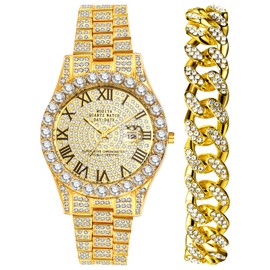 Oidea Men's Rhinestone Diamond Watch: Luxury Roman Numeral Quartz Analog Watches for Men Date Business Casual Dress Wrist Watch Cuban Link Chain Bracelet Watch Set Gold