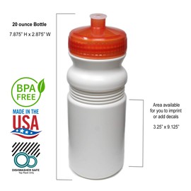Rolling Sands 20 Ounce Sports Water Bottles 6 Pack, BPA-Free, Made In USA, Dishwasher Safe, White Bottles/Orange