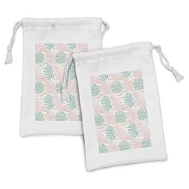 Ambesonne Blush Pink Fabric Pouch Set of 2, Tropical Pattern of Pastel Bicolour Monstera Leaves on Modern Stains, Small Drawstring Bag for Toiletries Masks and Favors, 9" x 6", White and Multicolor