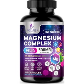 Nature's Nutrition Suplemento de complejo de magnesio 500 mg - 5 en 1 de alta absorción con glicinato, malato, citrato, óxido y aquamina de magnesio q