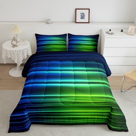 Blue Green Ombre Bedding Set Full for Kids Toddler, Blue Green and Black Comforter Gradient Lines Comforter Set Geometric Abstract Ombre Duvet Set Lightweight Quilt Set
