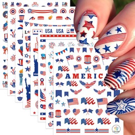 8 Sheets Independence Day Nail Stickers for Nail Art USA 4th of July Firework Nail Decals 3D Self-Adhesive USA Flags Heart Star Eagle Nail Design Supplies for Memorial Day DIY Patriotic Nail Decor