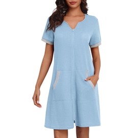 Ekouaer Women Zipper Robe Waffle Short Sleeve Bathrobes Lightweight Knee Length Housecoat with Pockets (Pale Blue Small)