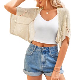 BB&KK Summer Crochet Sweaters for Women Shrug Hollow-Out Batwing Short Sleeve Lightweight Knit Tops Bolero Cardigans Ivory L