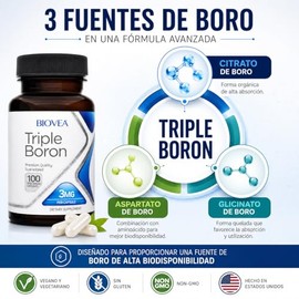 Biovea | Triple Boron 3 mg | Combinación de Citrato, Aspartato y Glicinato de Boro | Apoya Huesos, Funcion Cerebral, Articular y Hormonal | 100 Cápsulas Vegetarianas