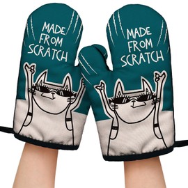Made from Scratch Funny Green Oven Mitts with Hanging Loop and Silicone Non-Slip, Cat Lover Cooking Baking Kitchen Utensils 2-Piece Set, Gifts for Bake Lover Chef Cat Owner BFF Sister