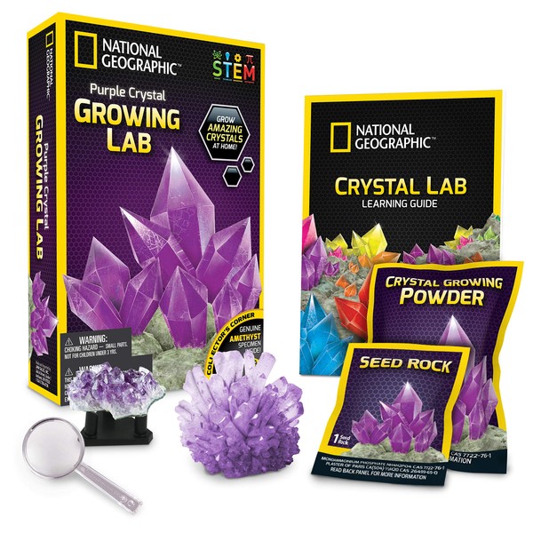 NATIONAL GEOGRAPHIC Purple Crystal Growing Lab - DIY Crystal Creation - Includes Real Amethyst Crystal Specimen