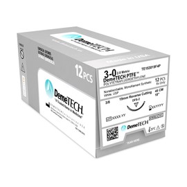 DemeTECH PTFE Nonabsorbable Synthetic Polytetrafluoroethylene Suture, DFS-2, 19mm, 3/8 Circle, Reverse Cutting Needle, USP Size 3-0, 18 inches, (45cm), White