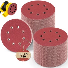 Pack of 80 Sandpaper 125 mm Velcro, Sanding Discs 5 in 8 Hole, 80 Grit, Wall Sanders for Wood, Metal, Plastic, Accessories for Power Tools