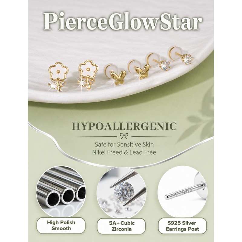 3 Pairs Gold Flower Butterfly CZ Stud Earrings with Silicone