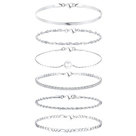 Milacolato 6 Piece Chain Bracelets Set for Women Adjustable Fashion 18K Gold-Plated Delicate Stainless Steel Twist Figaro Herringbone Chain Zirconia Link Bracelet Jewellery, Stainless Steel, Cubic