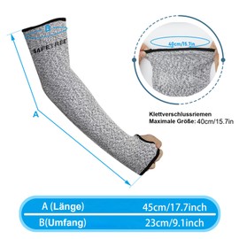 SAFETREE Cut-resistant knitted sleeves, 17.7 inch tear-resistant sleeves with thumb hole, class 5 cut-resistant, safety protection, prevents scratches, UV protection, grey, 1 pair, gray