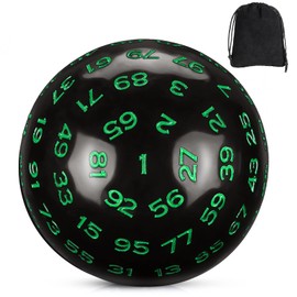 Sumind Single 100 Sided Polyhedral Dice D100 Game Dice 45 mm 100 Sided Cube with Black Pouch(Black Base with Green Numbers)