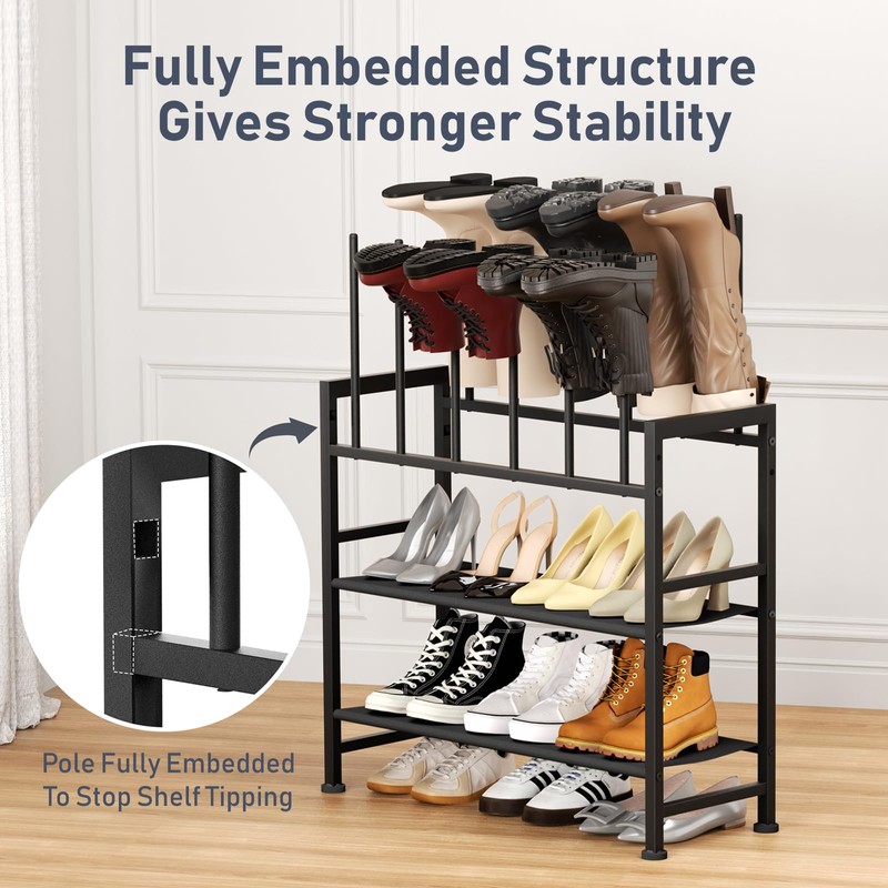 DIMJ Boot Rack 4-Tier - Black Metal Boot Storage Rack