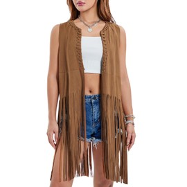 Plustrong Womens Fringe Vest 70s Hippie Costume Cowgirl Faux Suede Tassel Cardigan Western Tops (brown,XL)