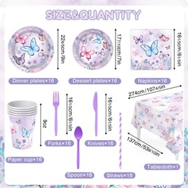 Butterfly Birthday Decorations, Butterfly Decorations Purple Birthday Decorations Tableware, 163 Pcs Butterflies Decorations Birthday Decorations for Girls, Serves 16