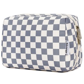 Large Makeup Bag Zipper Pouch Travel Cosmetic Organizer for Women (Greyish Blue Checkerboard, Large)