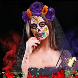 June Bloomy - Diadema para mujer, diseño de corona de flores mexicanas, Dia de los muertos, Velo Naranja Morado, Mujer