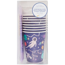 C.R. Gibson Party Cups with Straws & Rocket Ship Toppers, Out of This World - 12 oz, 8 Count (TWCST-25507)
