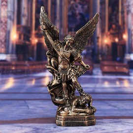 MOOCOCO Estatua de arcángel de San Miguel - Escultura de resina multicolor, figura de estatua de San Miguel, demonio derrotado, adornos religiosos para decoración del hogar