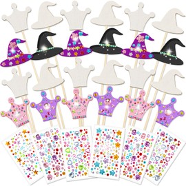 Juexica 24 Pcs Fairy Wands Kit Including 12 Unfinished Wood Crown Wands, 12 Witch Hat Sticks and 6 Sheets Gem Stickers for Witch and Princess Birthday Party Favors Decorations DIY Craft Gift, 2 Styles