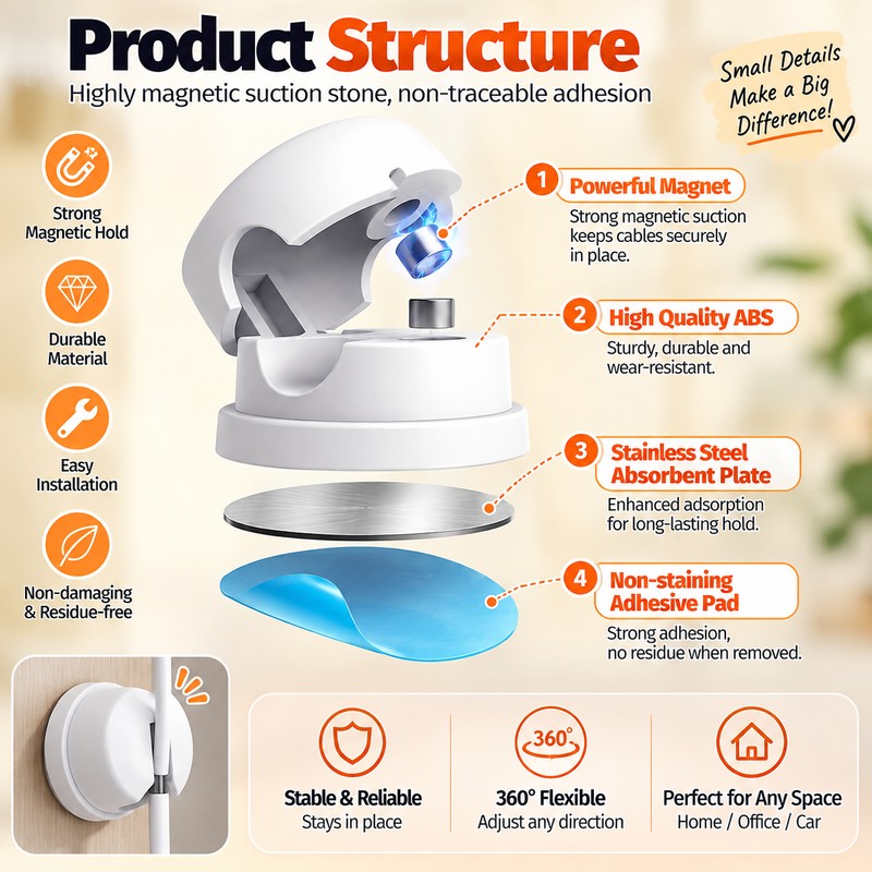 360° Rotatable Magnetic Cable Organizer Desk Cable Clip Cable Holder