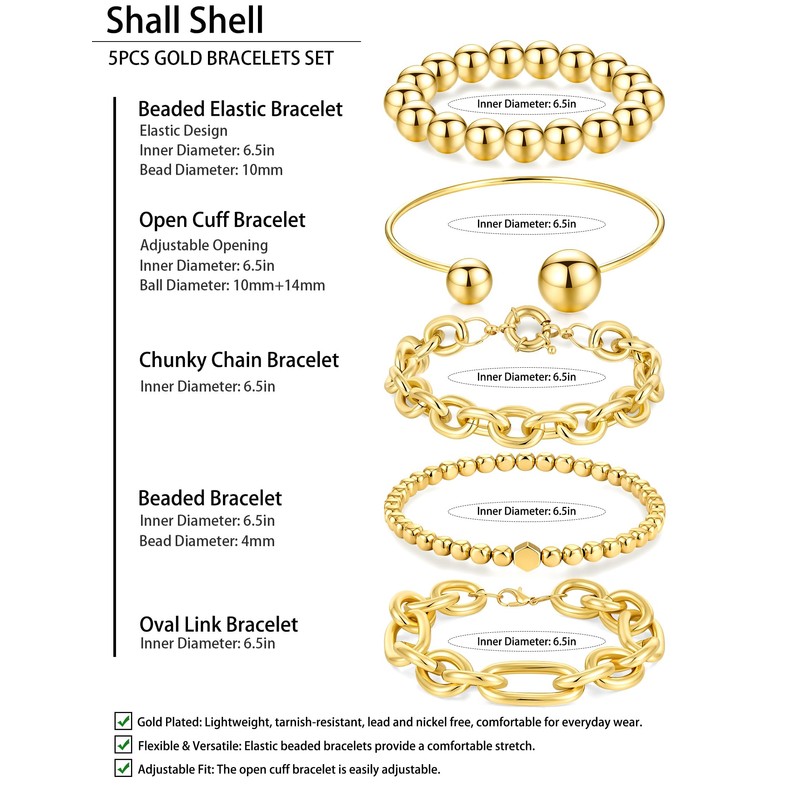 Shall Shell Gold Bracelets Set for Women, 5 Pcs Gold