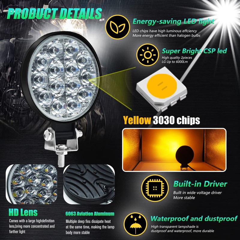 HONLEEX 2Pcs 3.4'' Round Off Road Lights Amber/3000K,14 LEDs 17w