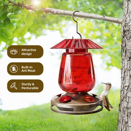 Hummingbird Feeder, Auslar 16 Ounces Glass Hummingbird Feeders for Outdoors Hanging, Red Hummingbird Feeder with 5 Flower Feeding Ports & Built-in Ant Moat, Rustproof, Leakproof, Barn Lantern Shape