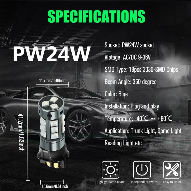 YEORO 2pcs PW24W LED Bulb Blue,AC/DC 9-30V 1200LM PWY24W 12181NA