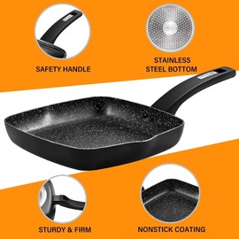 KOCH SYSTEME CS 10 Inch Nonstick Grill Pan for Stove Tops, Marble Coating Square Grill Skillet with Lid, Fry Pan Compatible with all Stoves, Ultimate Nonstick Skillet with Bakelite Handle, Toxic-Free