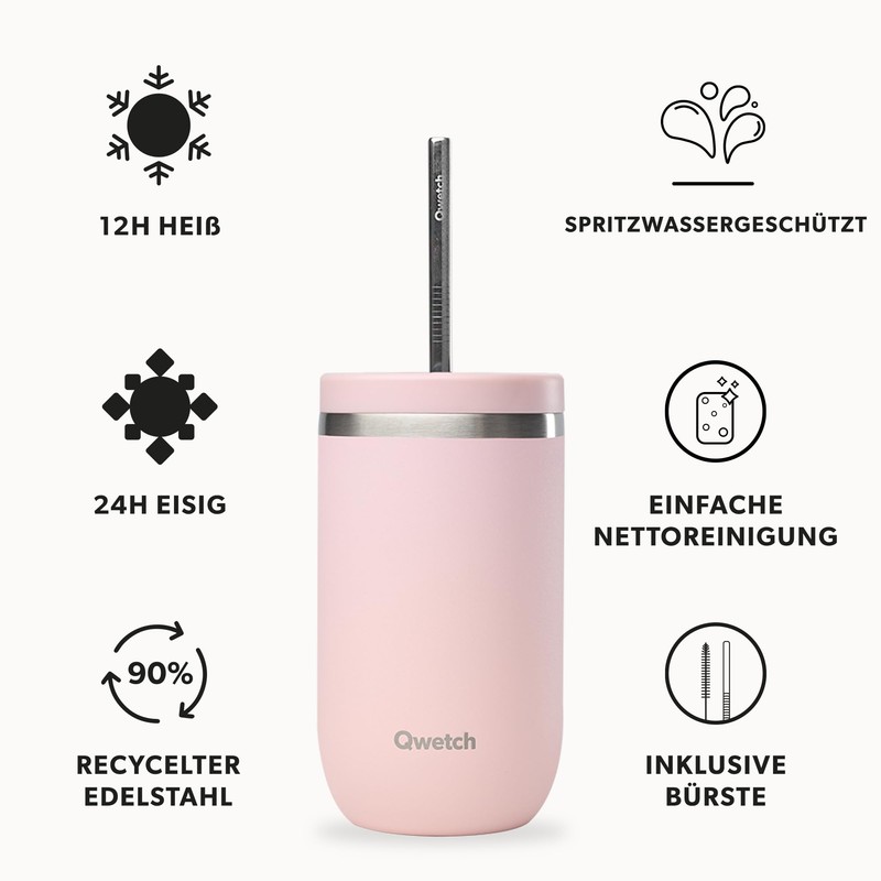 Qwetch - Cold Cup Thermoskanne, 470 ml, Pastellrosa, 24 Stunden
