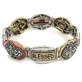 Western Collection Blessed Cross Charms Verse Floral Embroidery Silver Copper Patina Color Stretch Bracelet (Gold)