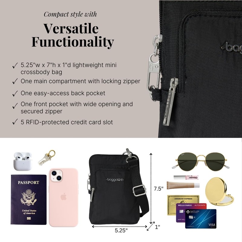 Baggallini Womens Securtex® Anti-theft Activity Crossbody Bag Cross Body, Black