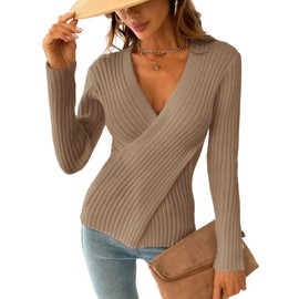 CUPSHE Women's Ribbed Long Sleeve Sweater 2024 Fall Knit V Neck Pullover Sweater Tops, Brown, Small