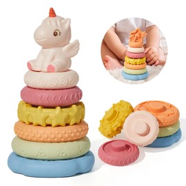 BUTI4WLD 8 Pcs Stacking & Nesting Circle Toy, No Hole Soft Baby Teething Toys with Unicorn and Dinosaur, Stacking Rings for Babies 6-12 Months, Newborn Essentials for 6 12 18 Months Boys Girls