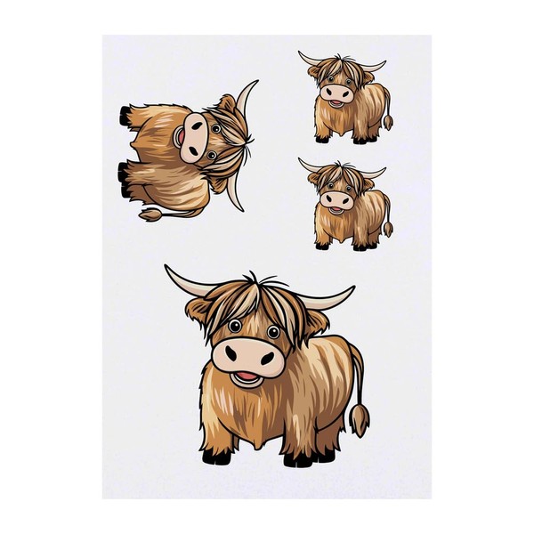 Azeeda 4 x 'Glückliche Hochlandkuh' Temporäre Tattoos - Wasserfest, Hautfreundlich