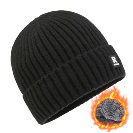 PORUPAEL Beanie Hats for Men, Knit Cuffed Beanie for Men and Women, Winter Hats with Thick Warm Fleece Lining, Unisex Thermal Knit Hat Black